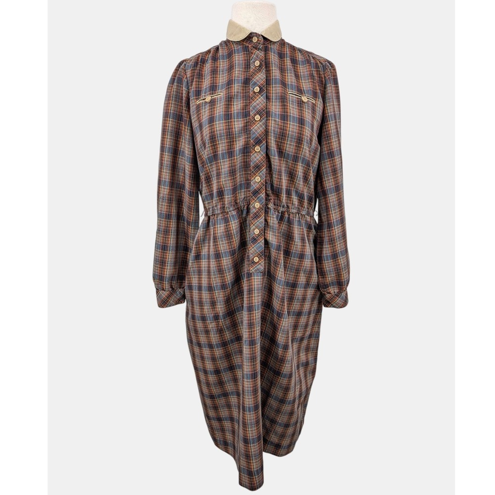Vintage Lanz Originals Plaid Shirt Dress Corduroy Collar M